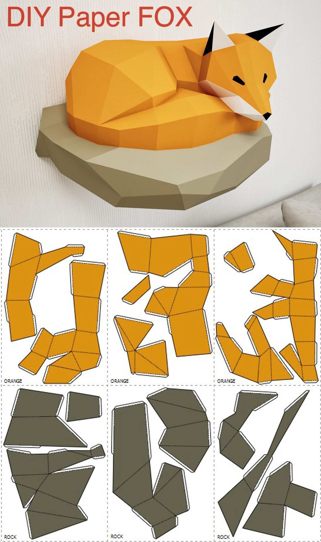 Papercraft Fox On Rock Paper Model 3d Paper Craft Paper Etsy Paper Animals 3d Paper Crafts Paper Crafts