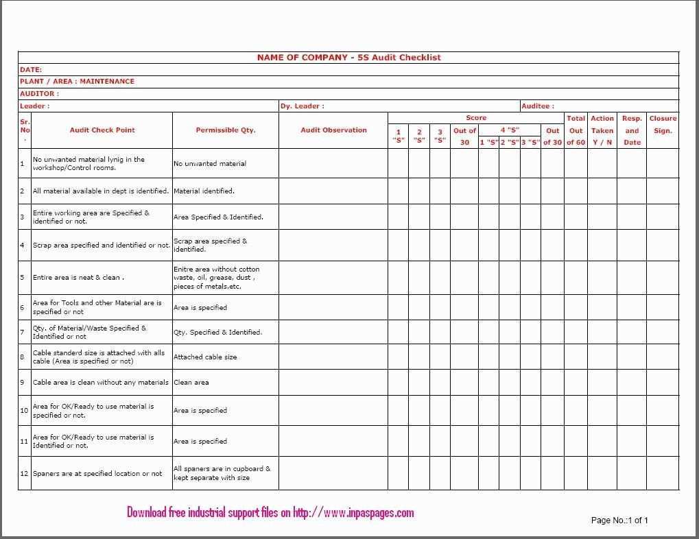 Audit Template Excel Luxury 5s Audit Checklist For Maintenance Checklist Template Cleaning Checklist Template Maintenance Checklist
