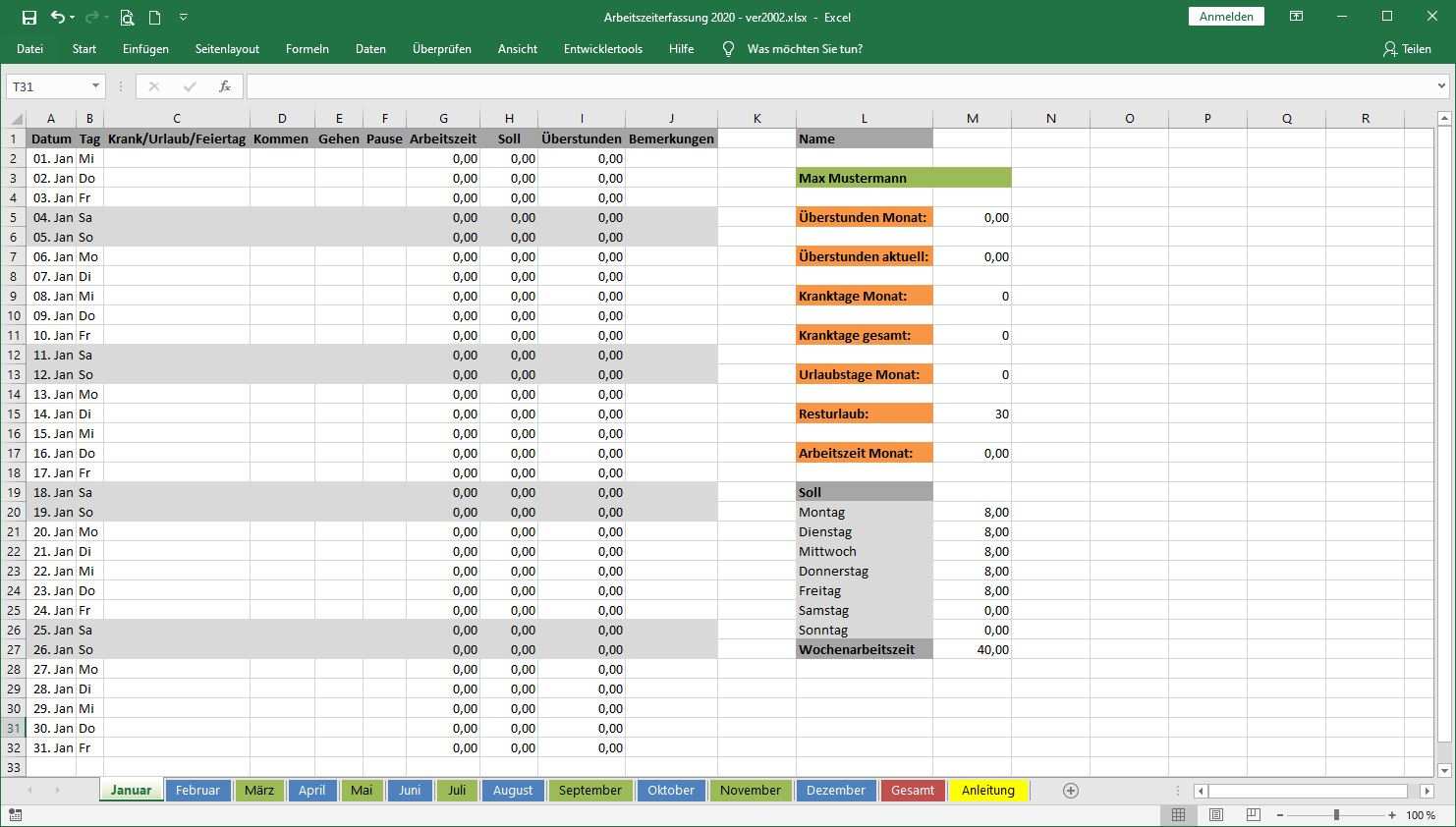 Arbeitszeiterfassung In Excel Vorlage Zur Freien Nutzung Zeilenabstand Net Kultur Digitales