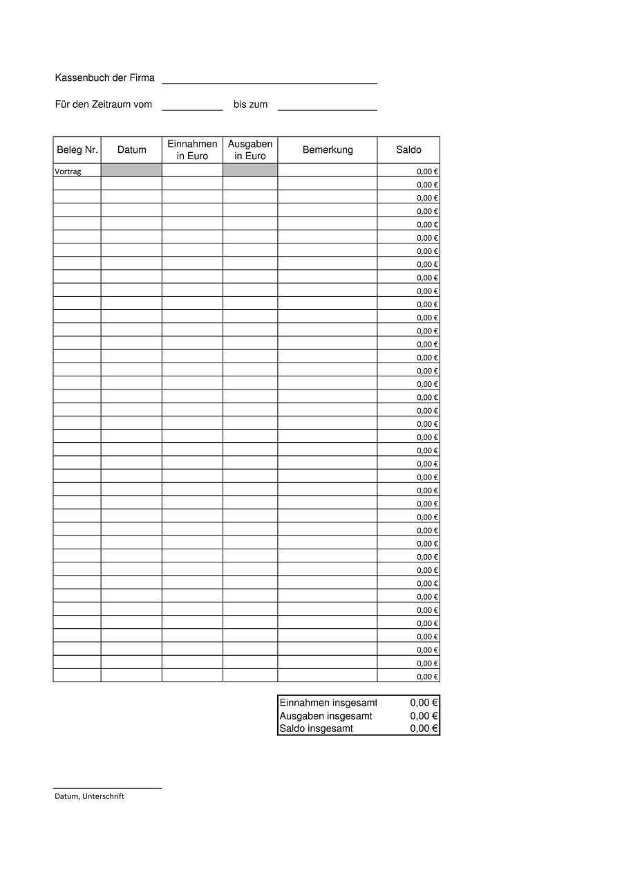 Excel Kassenbuch Vorlage Kostenlos Herunterladen