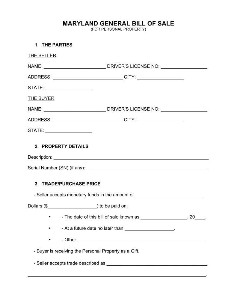 Free Maryland General Bill Of Sale Form Word Pdf Eforms Free Fillable Forms Bill Of Sale Template Business Template Professional Templates