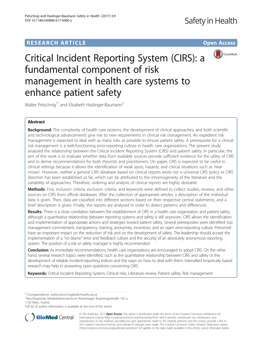 Pdf Critical Incident Reporting System Cirs A Fundamental Component Of Risk Management In Health Care Systems To Enhance Patient Safety