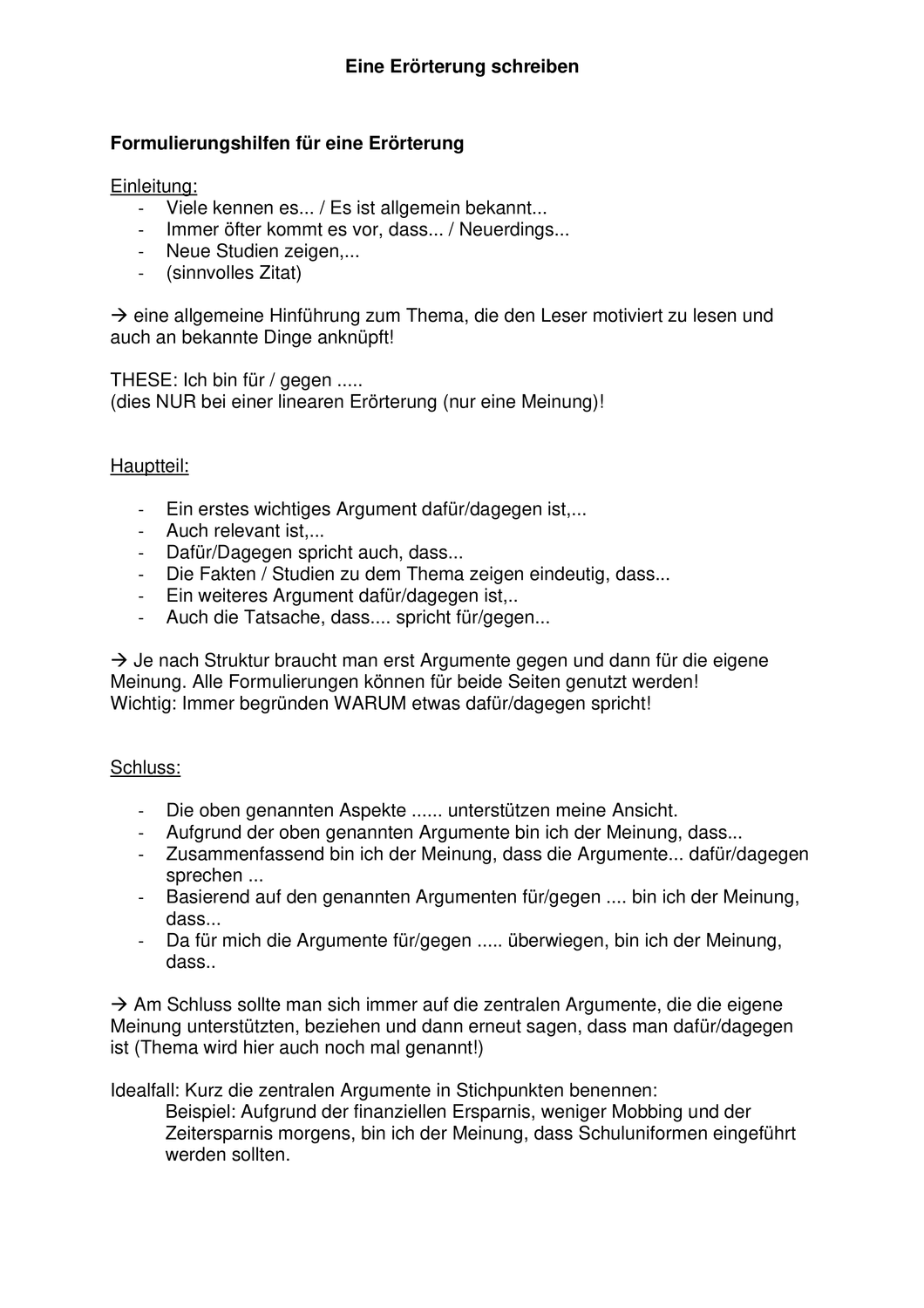 Formulierungshilfen Fur Eine Erorterung Unterrichtsmaterial Im Fach Deutsch Formulierungshilfen Erorterung Satzanfange