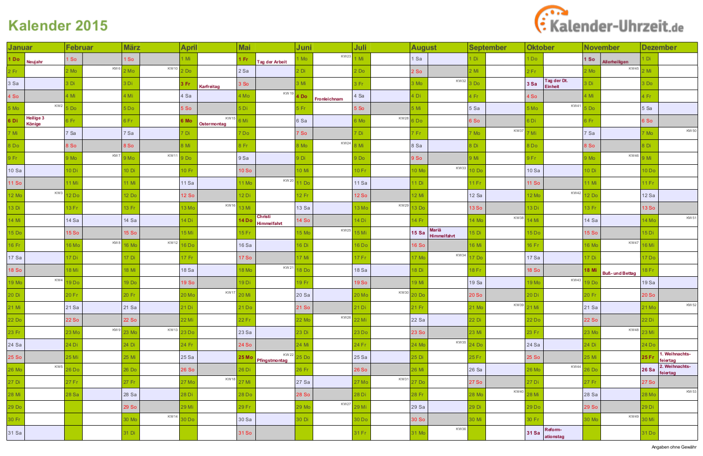 Kalender 2015 In Grun A4 Querformat Einseitig Kaluhr Kalender 2016 Kalender Kalender 2015