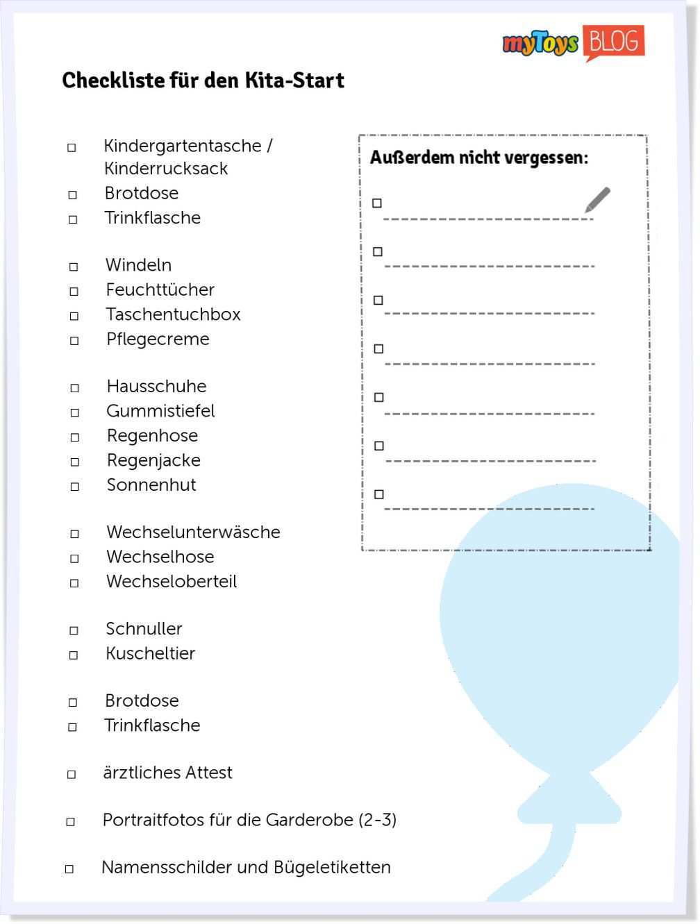 Checklisten Zur Einschulung Und Zum Kita Start Mytoys Blog Eingewohnung Kita Kindergartenbeginn Konzeption Kita