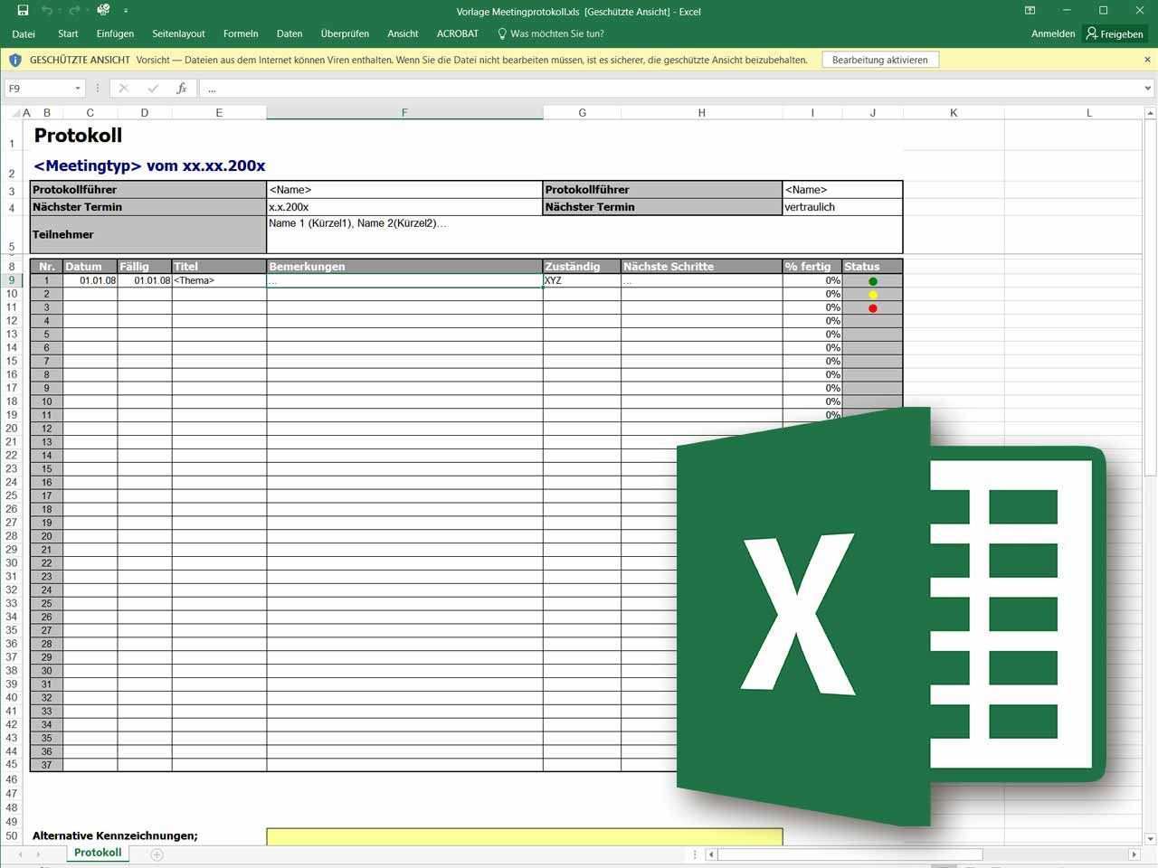 Besprechungsprotokoll Als Excel Vorlage Excel Vorlage Projektmanagement Vorlagen
