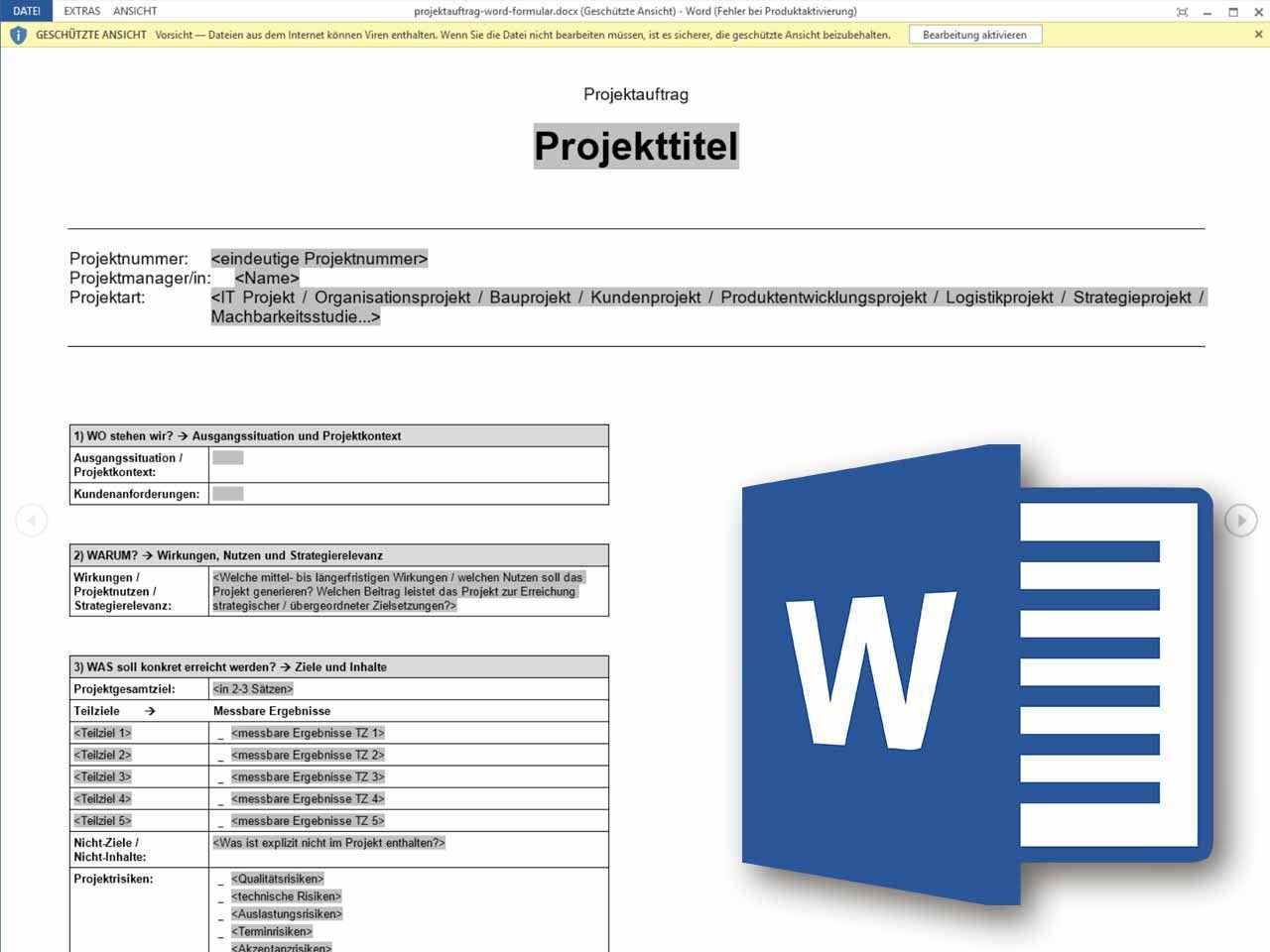 Projektauftrag Word Formular Projektauftrag Projektmanagement Excel Vorlage