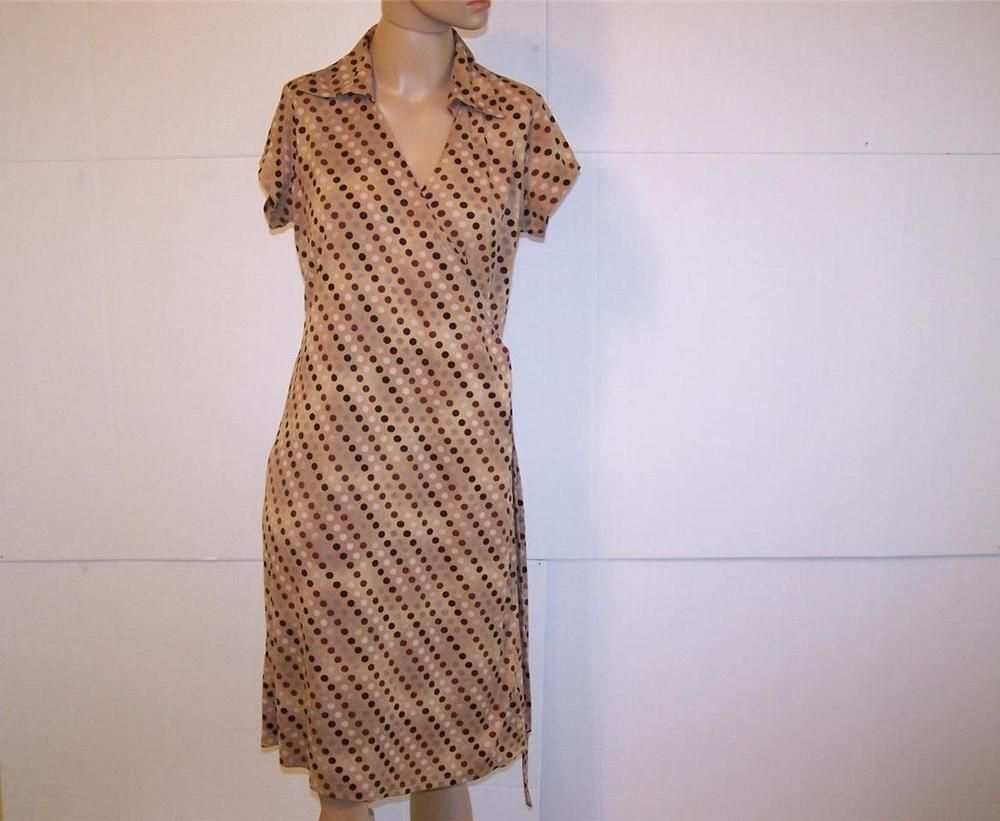 Ny Collection Wrap Dress M Brown Polka Dots Short Sleeves Stretch Kleider Wickelkleid
