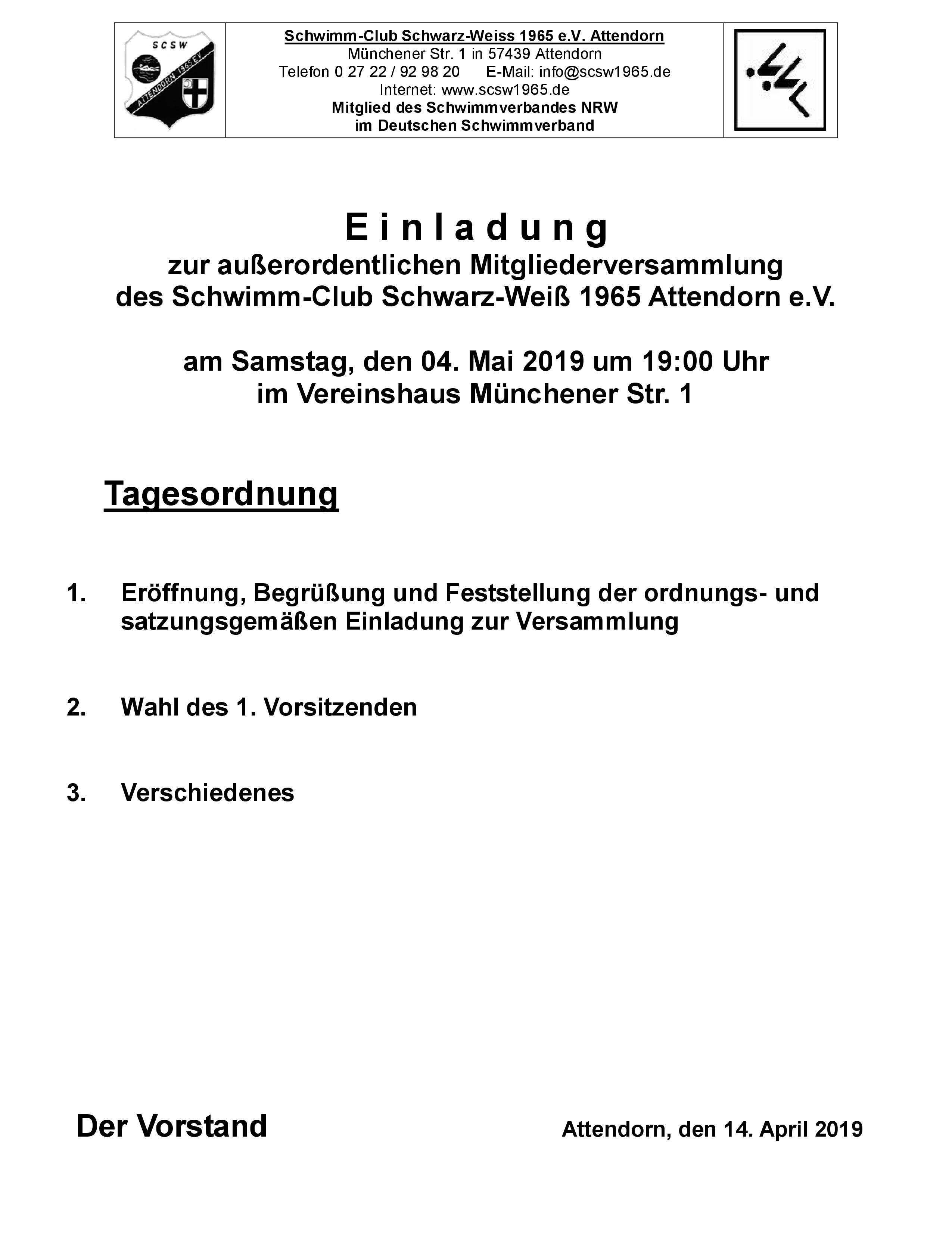 Einladung Zur Ausserordentlichen Mitgleiderversammlung Scsw Attendorn 1965 E V