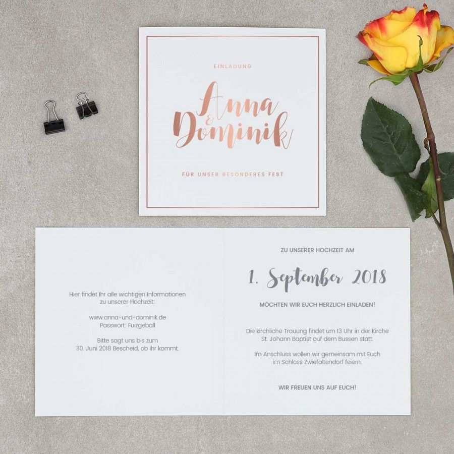 Kalligraphie Einladungskarte Zur Hochzeit Mit Kalligraphie Und Folienpragung In Rosegold Polterabend Einladung Einladungen Polterabend