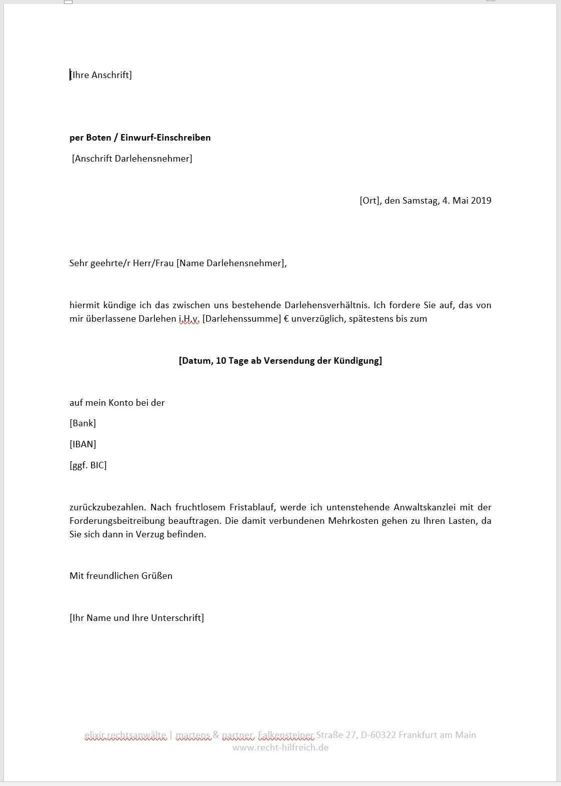 Vorlage Muster Kundigung Darlehen Unternehmensrecht Wirtschaftsrecht Elixir Rechtsanwalte Frankfurt Am Main