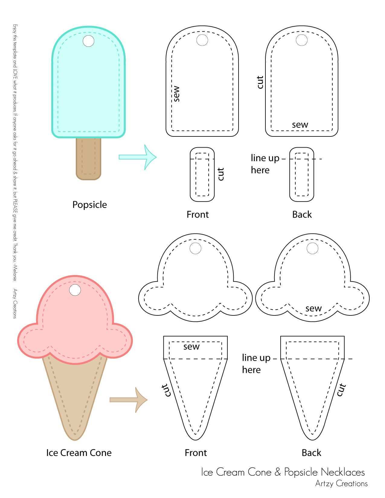 Ice Cream And Popsicle Necklaces For Kids With Free Template Filzvorlagen Kinder Filzmuster