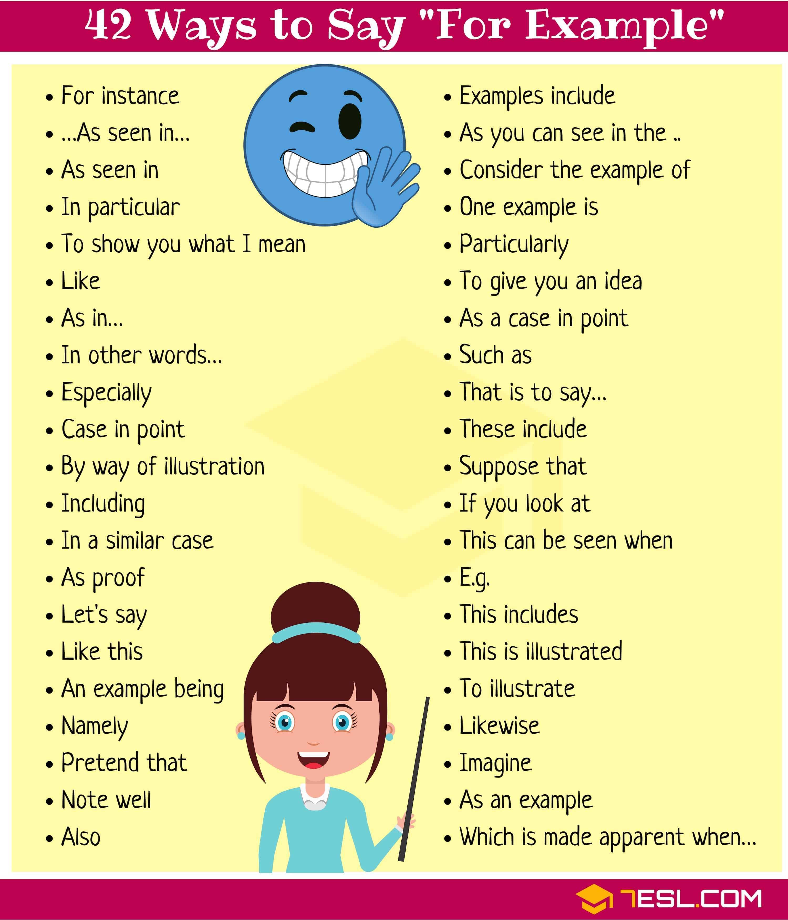 42 Other Ways To Say For Example For Example Synonym 7 E S L Learn English Vocabulary Other Ways To Say English Phrases