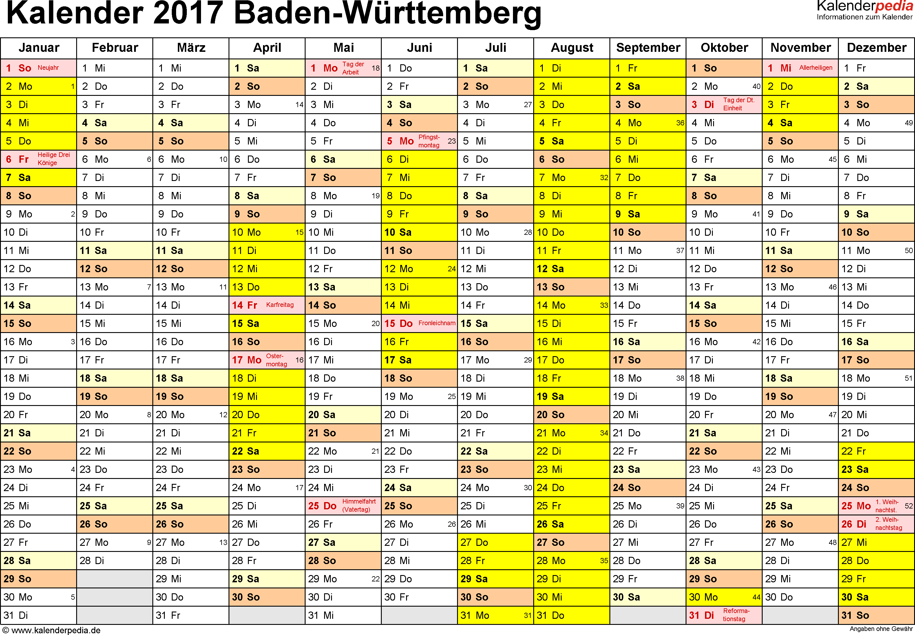 Vorlage 1 Kalender 2017 Fur Baden Wurttemberg Als Excel Vorlagen Querformat 1 Seite Kalender Kalender 2017 Jahres Kalender