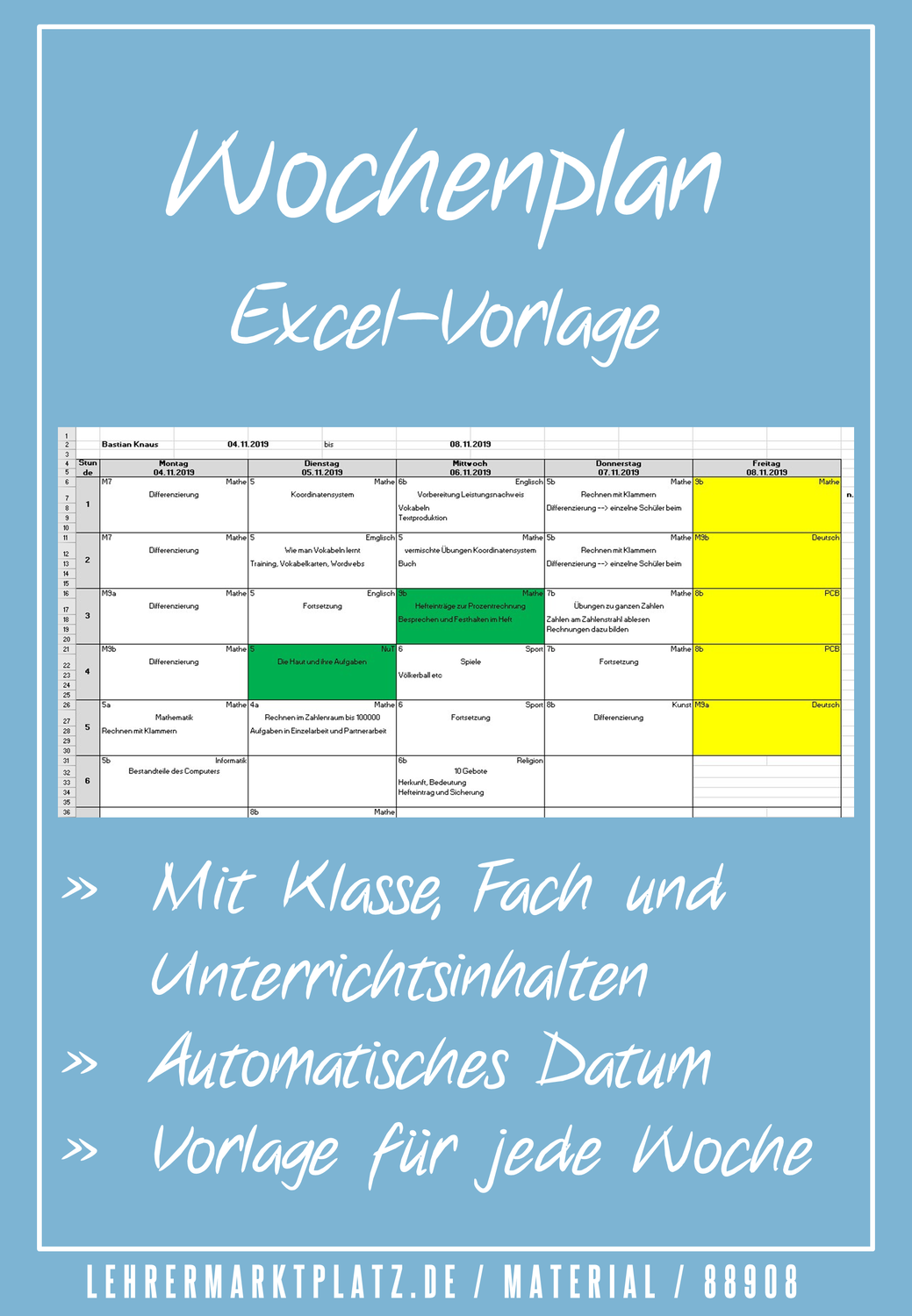 Wochenplan Vorlage In Excel Unterrichtsplanung Wochenplan Vorlage Unterrichts Planung