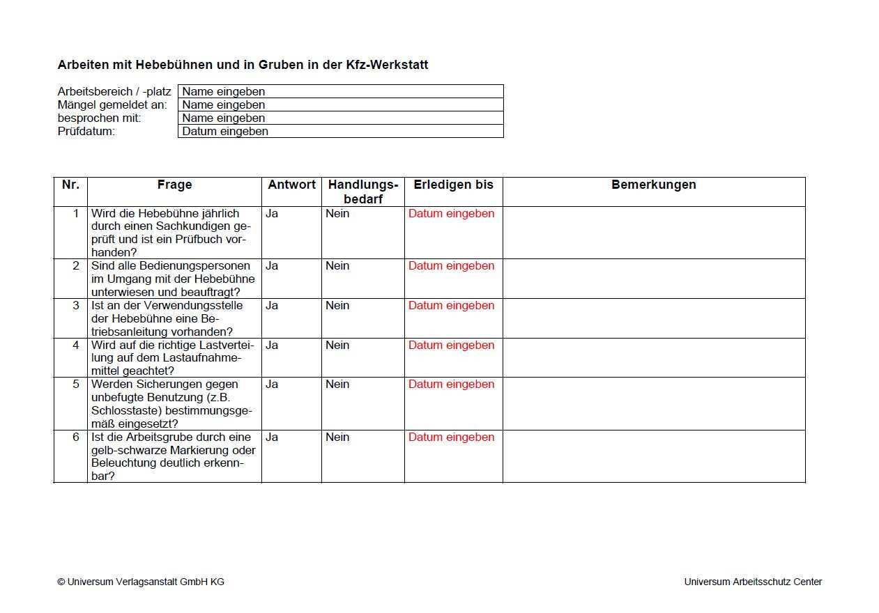 Checkliste Arbeiten Mit Hebebuhnen Und In Gruben In Der Kfz Werkstatt Zum Sofort Download