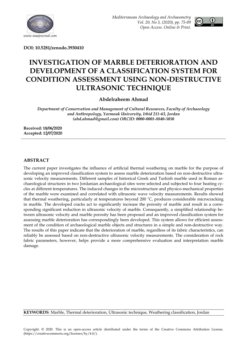 Pdf Investigation Of Marble Deterioration And Development Of A Classification System For Condition Assessment Using Non Destructive Ultrasonic Technique