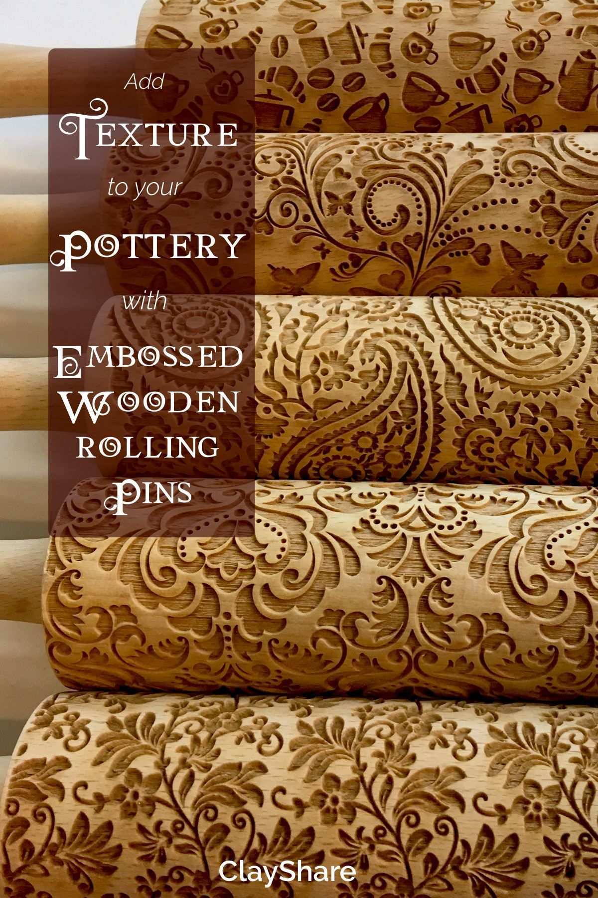 Embossed Wooden Rolling Pins Are A Fantastic Way To Add Gorgeous Texture To You Pottery Follow Clayshare For More Pottery Tut Clay Stamps Keramik Diy Topferei