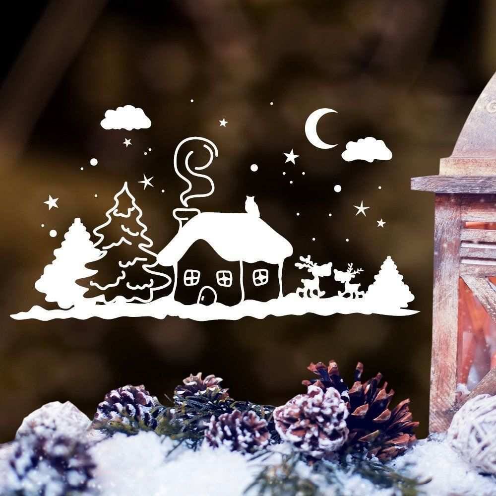 Wandtattoo Loft Fensterbild Winter Hauschen Mit Niedlichen Hirschen Weihnachtsdekoration Fensterbilder Weihnachten Weihnachten Dekoration