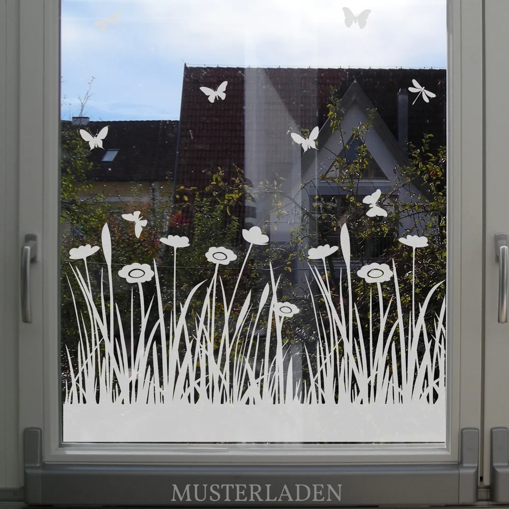 Wiese Mit Blumen Und Schmetterlingen Festerfolie Fensterdekoration Fenster Dekor Fenster Kunst Bemalte Fensterdekoration