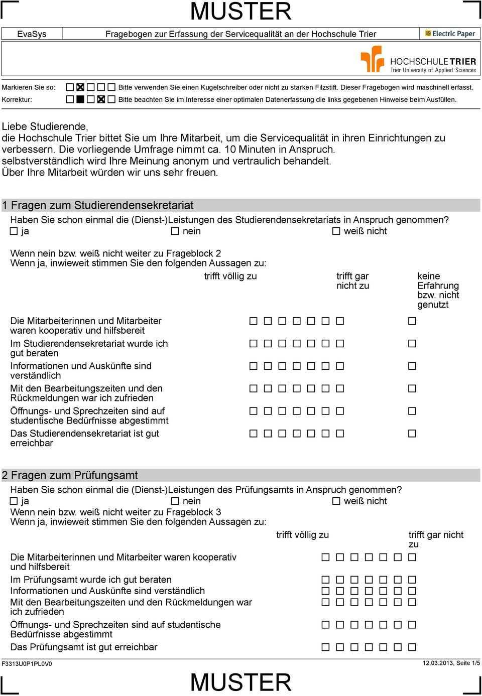 Muster Fragebogen Zur Erfassung Der Servicequalitat An Der Hochschule Trier Pdf Free Download