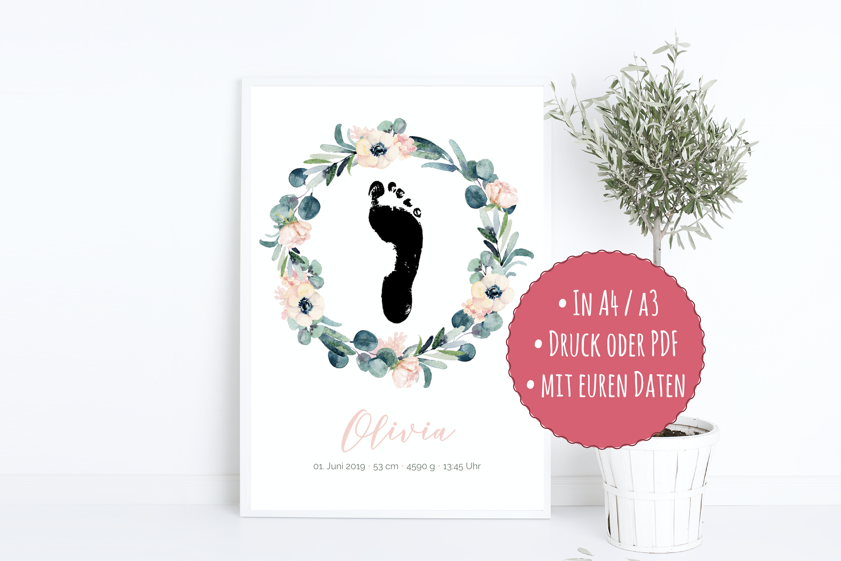 Footprint Baby From 8 50 Euro Birth Dates Pink Baby Party In Pink With Name Gift Is Personalized As Print Or Pdf In 2020 Baby Party Name Gifts Gifts