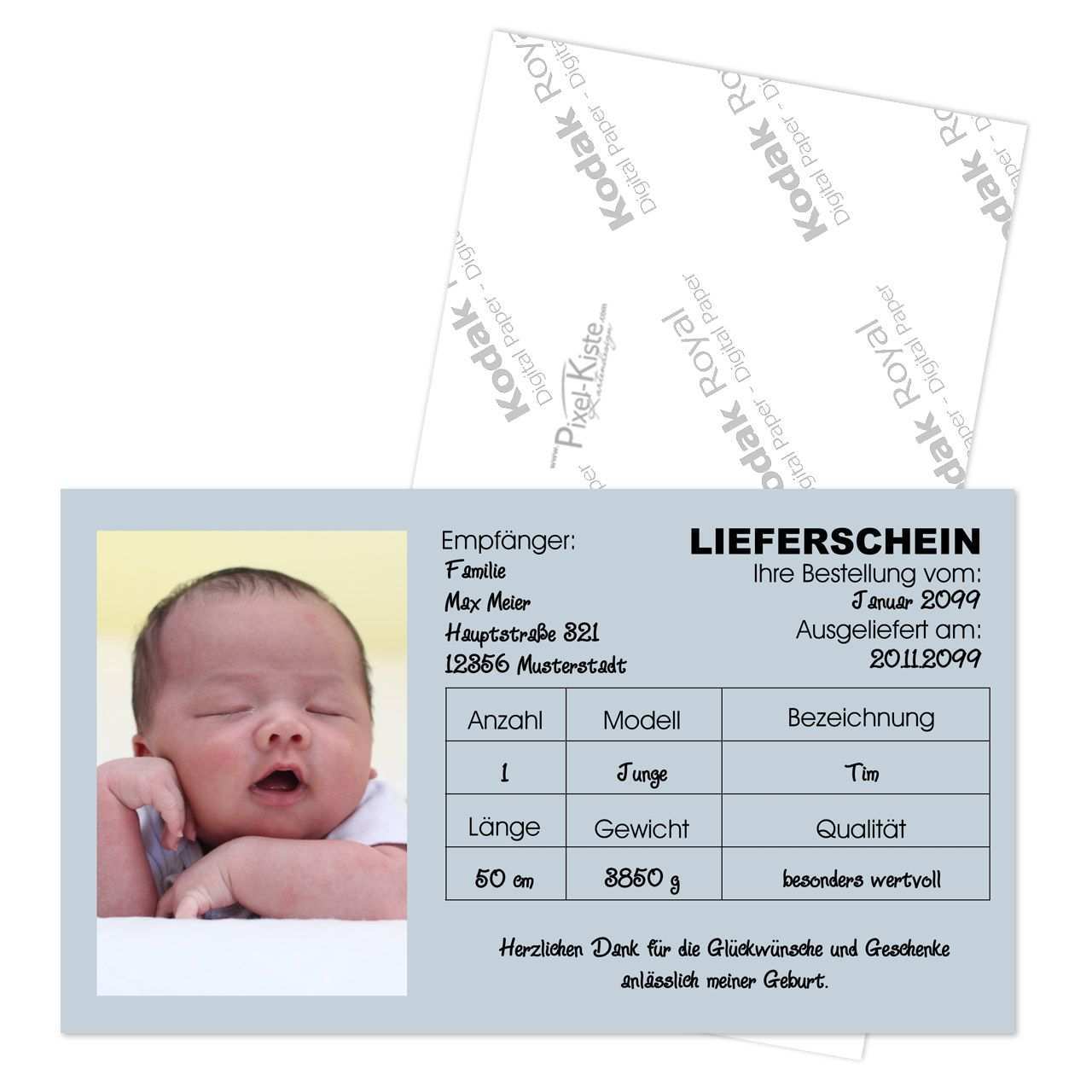 Geburtsanzeige Lieferschein Im Langen Format Geburtsanzeige Geburtsanzeigen Geburtskarten
