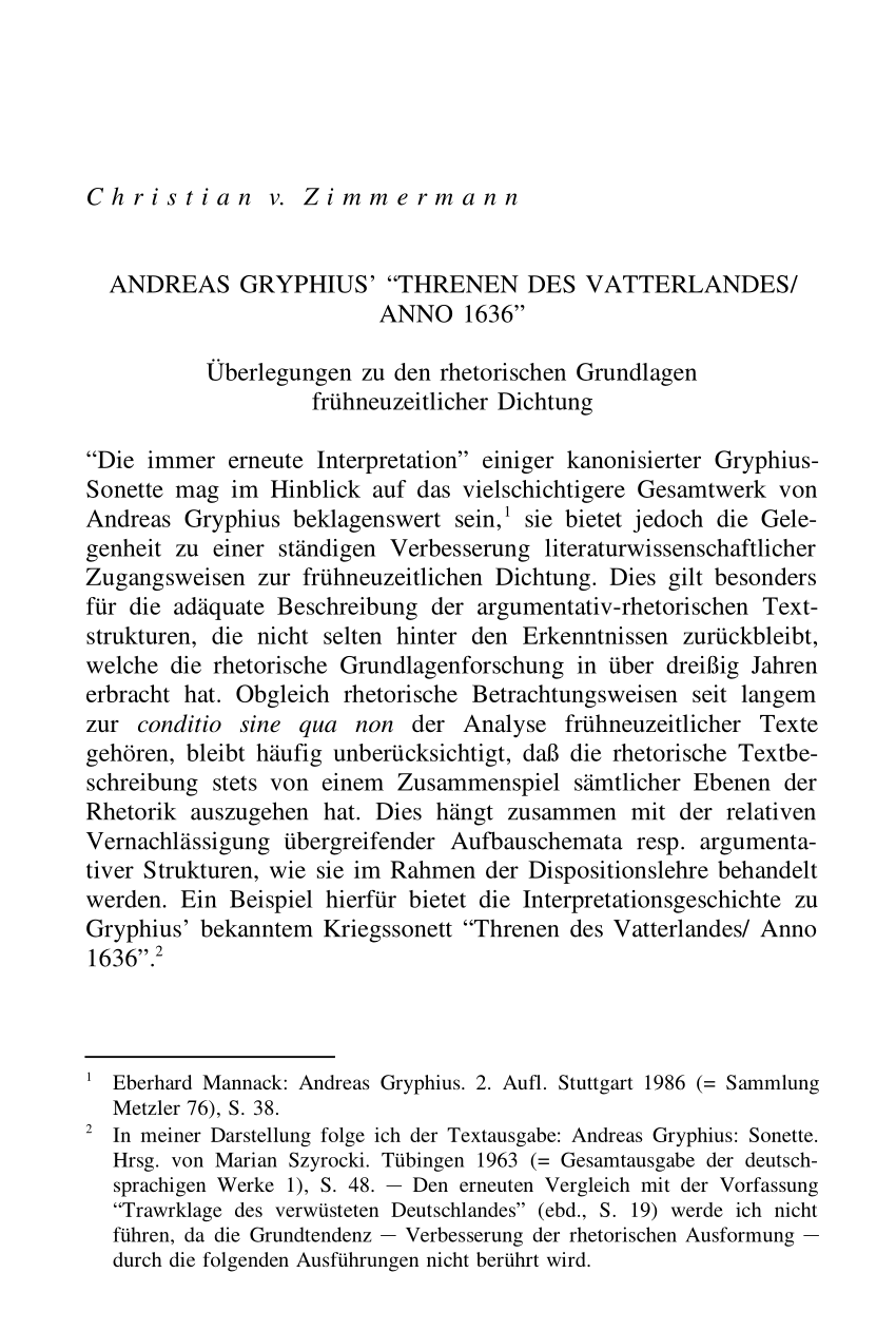 Pdf Andreas Gryphius Threnen Des Vatterlandes Anno 1636 Uberlegungen Zu Den Rhetorischen Grundlagen Fruhneuzeitlicher Dichtung