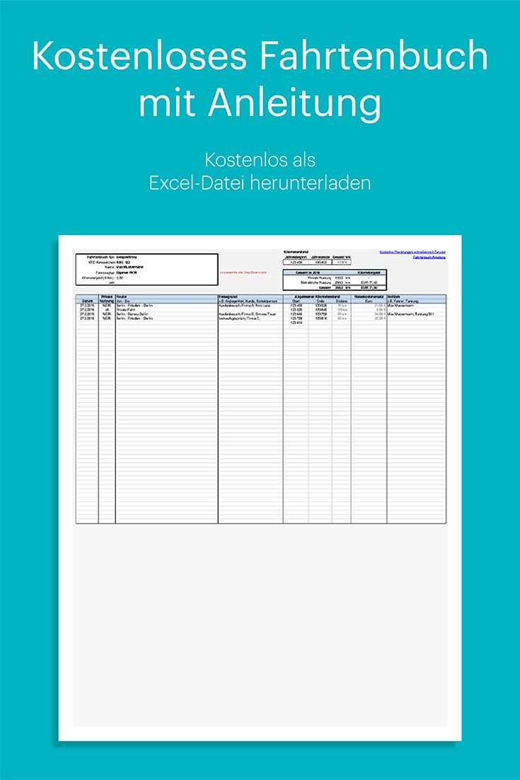 Kostenloses Fahrtenbuch In Excel Mit Anleitung Fahrtenbuch Excel Vorlage Finanzen