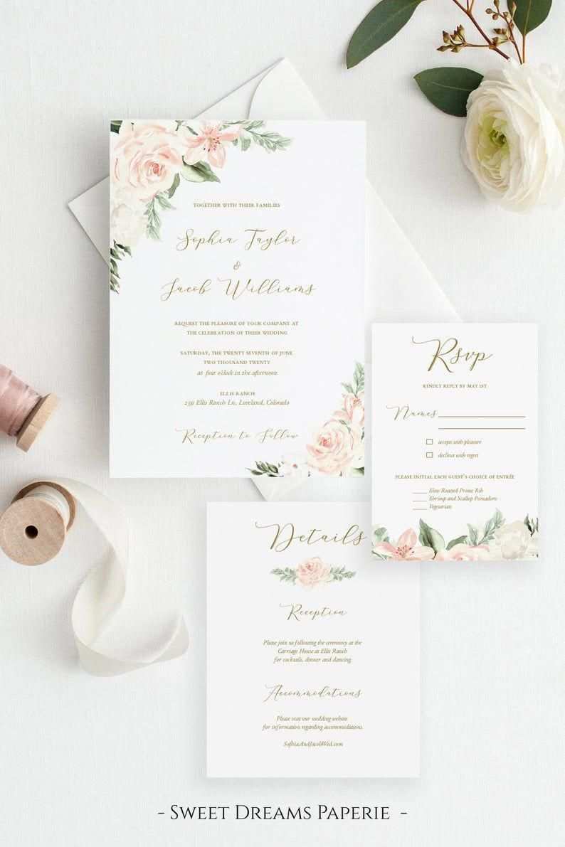 Blush Gold Printable Wedding Invitation Template Floral Wed Blumenhochzeitseinladungen Hochzeitseinladungen Zum Ausdrucken Vorlagen Fur Hochzeitseinladungen