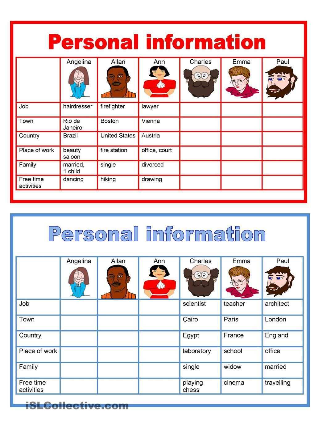 Pair Work Personal Information Time Worksheets Person Divorce And Kids