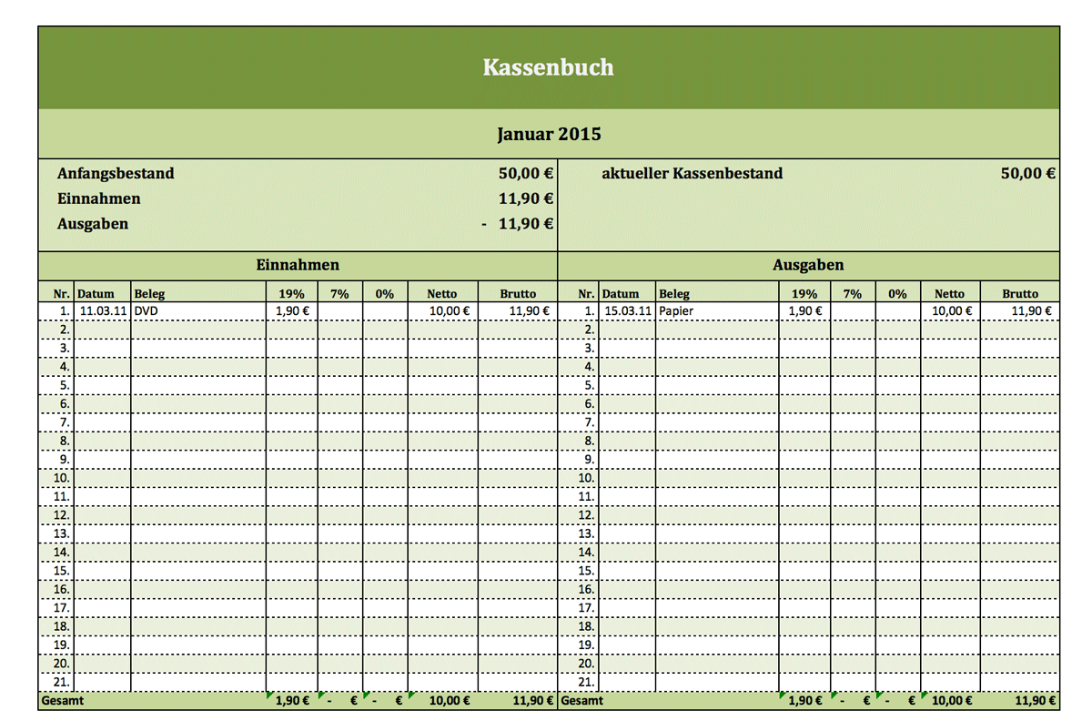 Kostenloses Kassenbuch Als Excel Vorlage