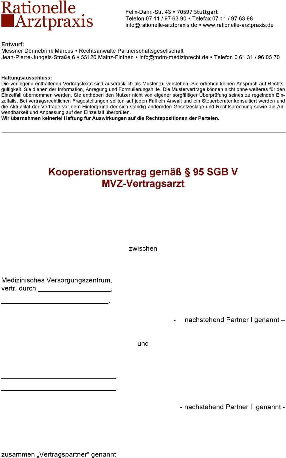 Kooperationsvertrag Gemass 95 Sgb V Mvz Vertragsarzt Pdf Free Download