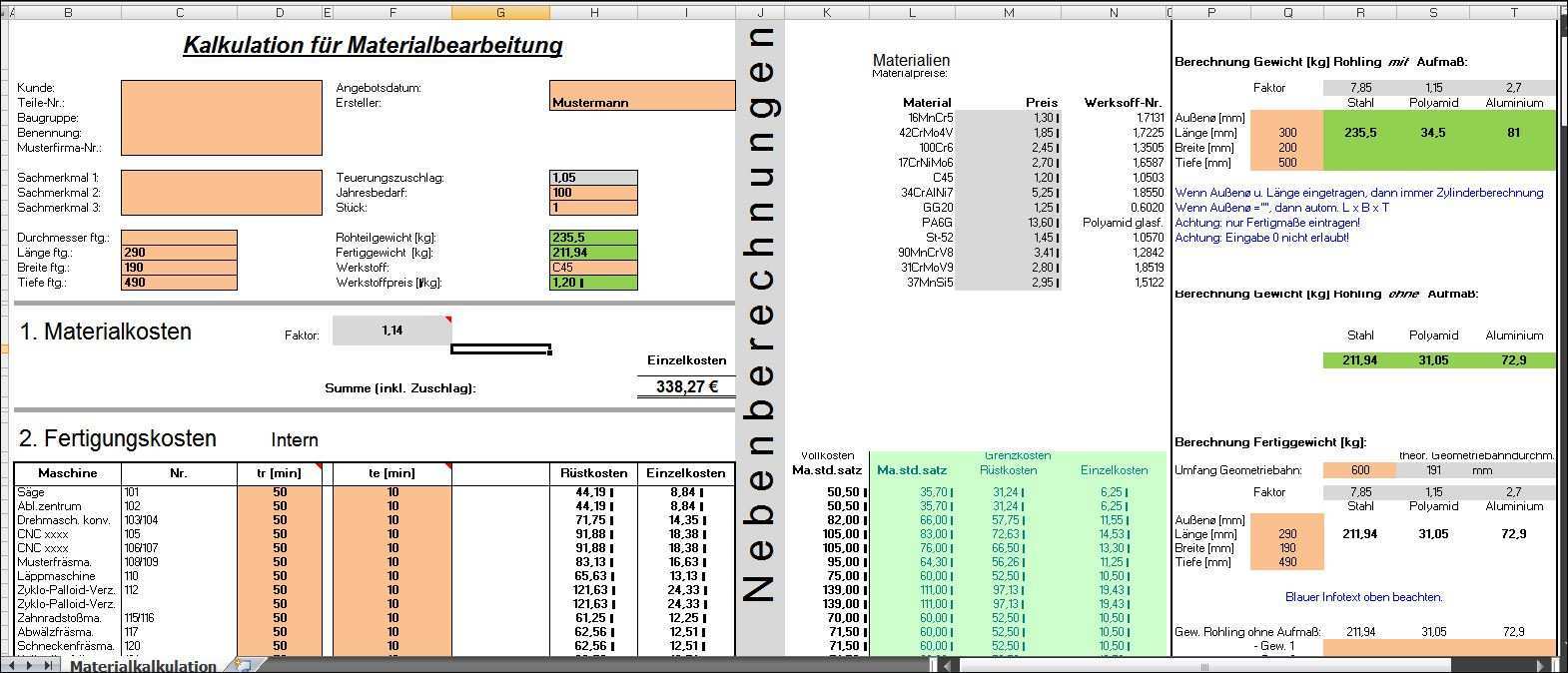 Excel Kalkulation Materialbearbeitung Berechnungs Programm Fur Maschinenbau Unternehmen