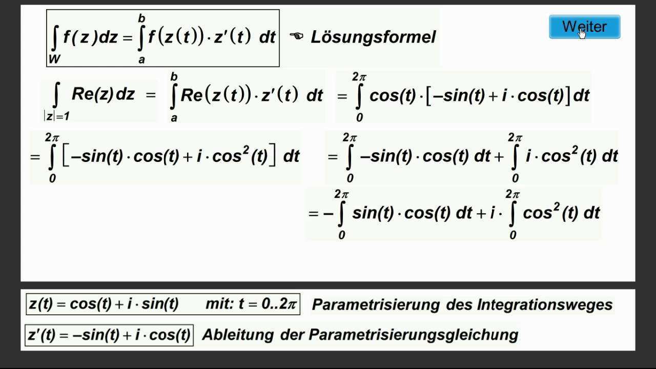 Komplexe Integration 5 Losung Durch Parametrisierung Beispiel Re Z Dz Mit Z 1 Youtube