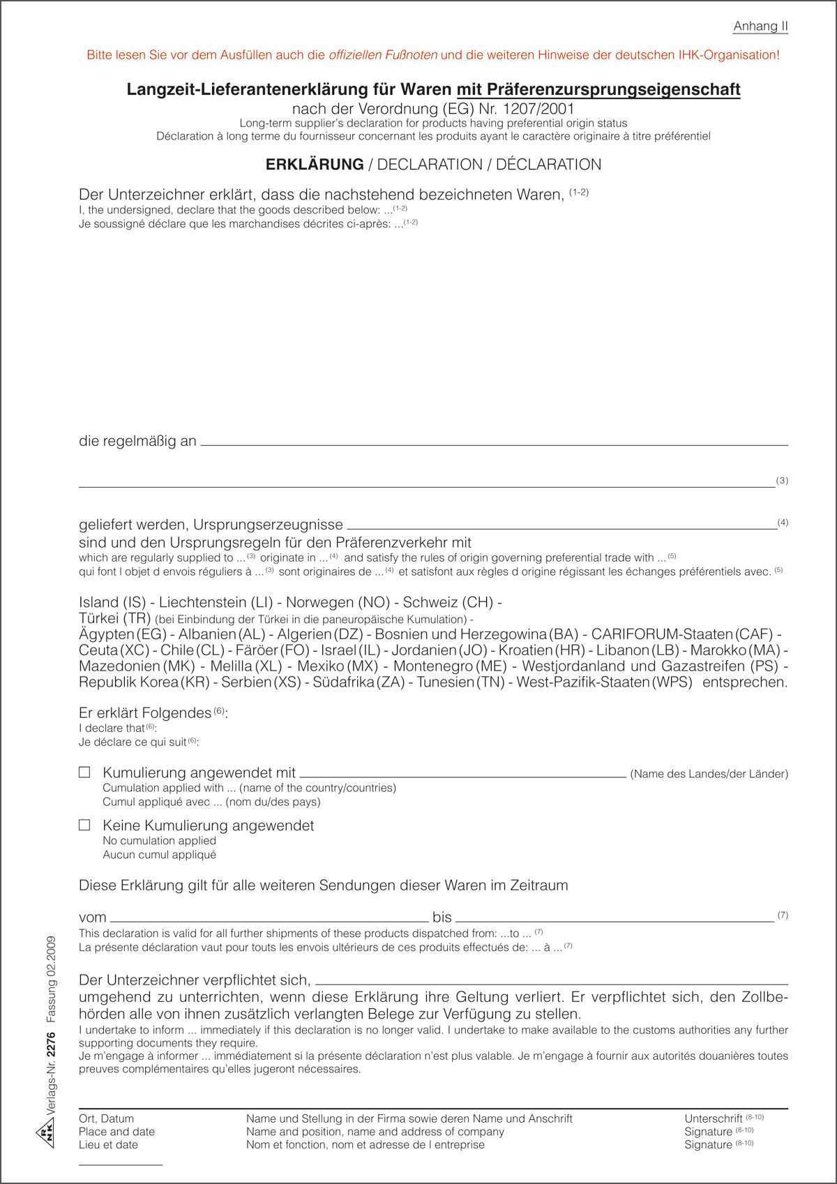 Rnk Verlag Vordruck Langzeit Lieferantenerklarung 2276 Edigitech De
