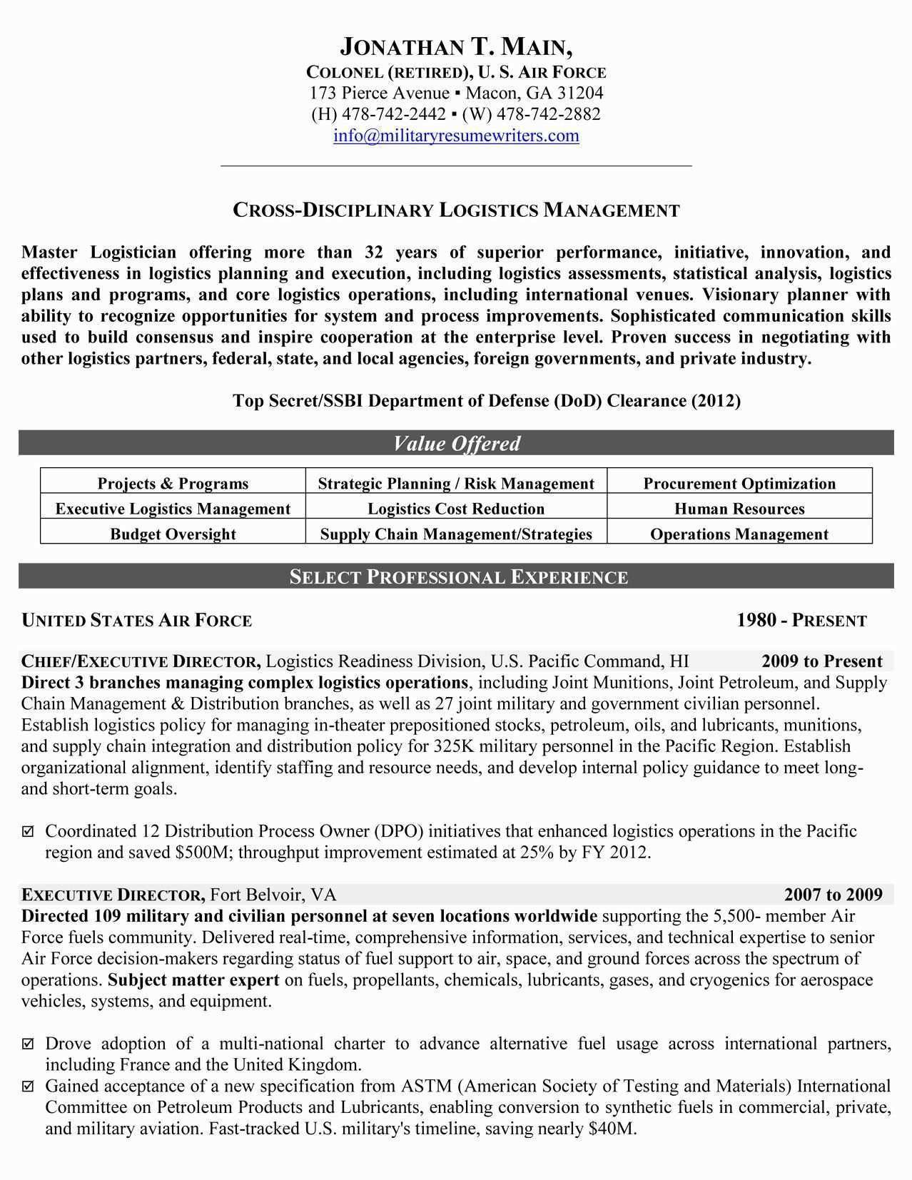 Reentering The Workforce Resume Examples Lovely Military Resume Samples Examples Resume Examples Logistics Management How To Plan