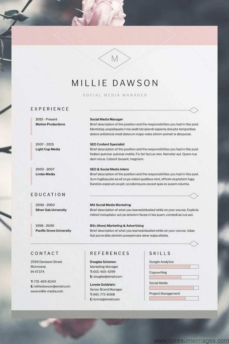 Millie Resume Cv Template Word Photoshop Indesign Professional Resume Design Cover Letter Instant Download Professional Cv Template Cv Resumes Resume Design Professional Cv Template Word Cv Template Free