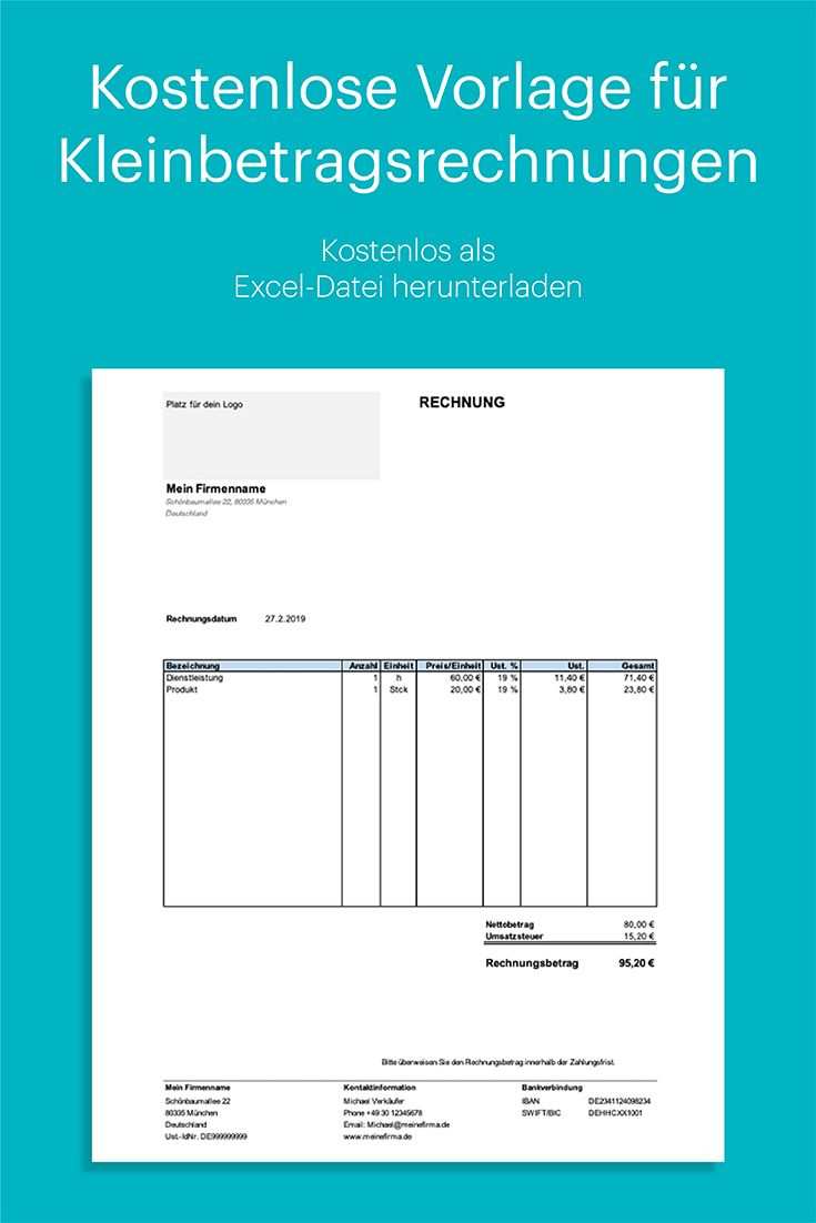 Kleinbetragsrechnung Unter 150 Euro Kostenlose Vorlage In Excel Rechnung Vorlage Excel Vorlage Vorlagen
