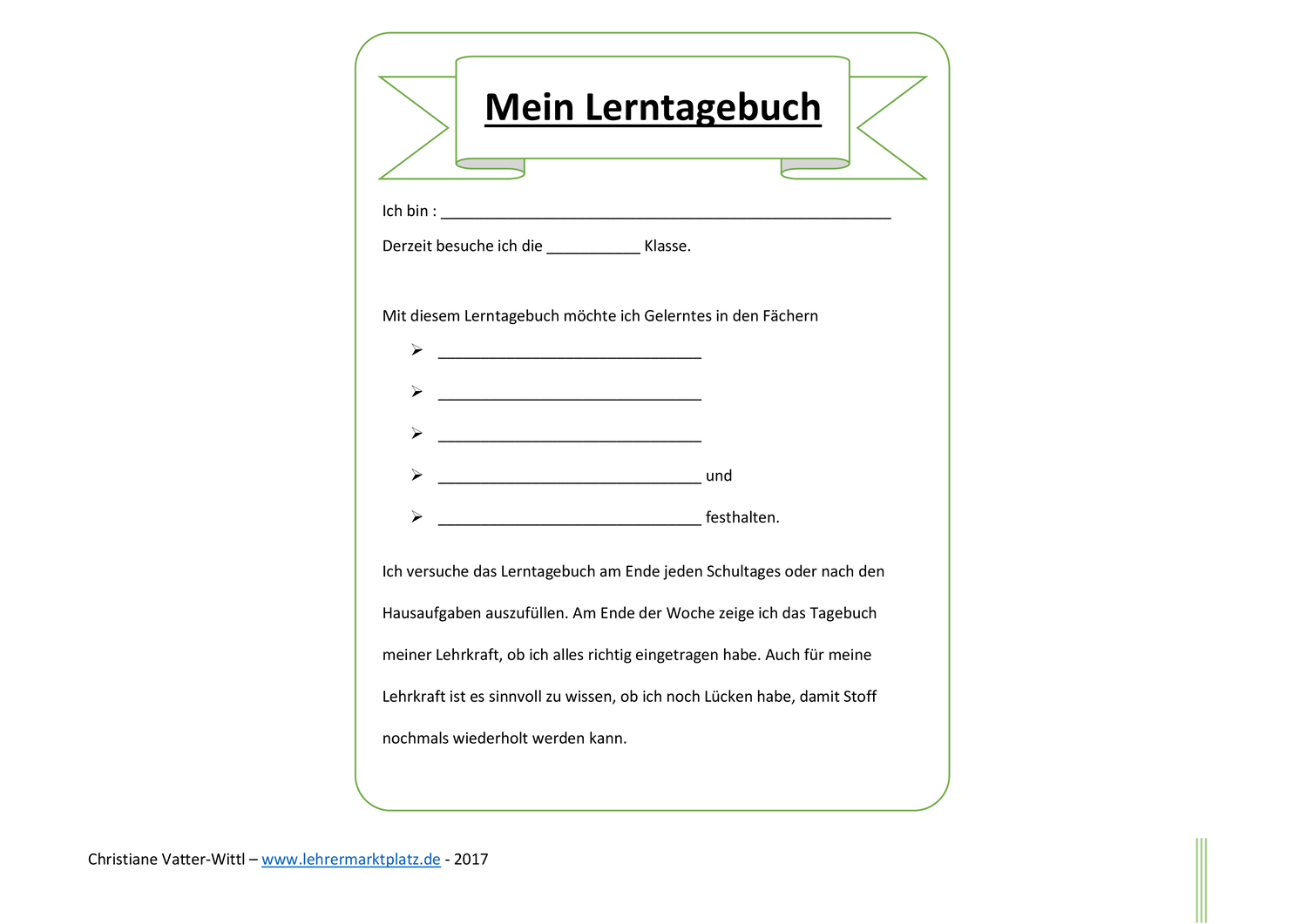 Download Lerntagebuch Vorlage Unterrichtsmaterial Im Fach Fachubergre.