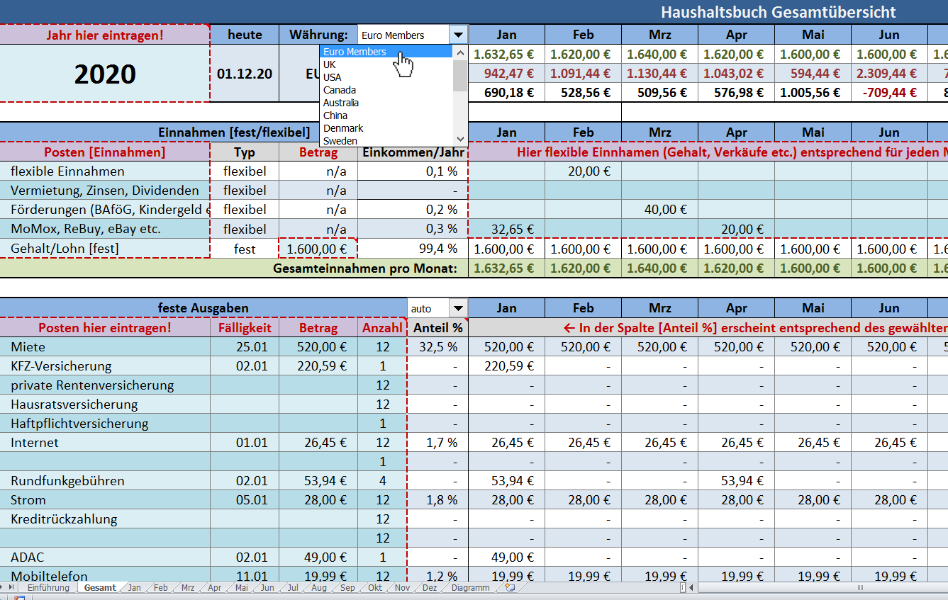 Haushaltsbuch Excel Funktionen