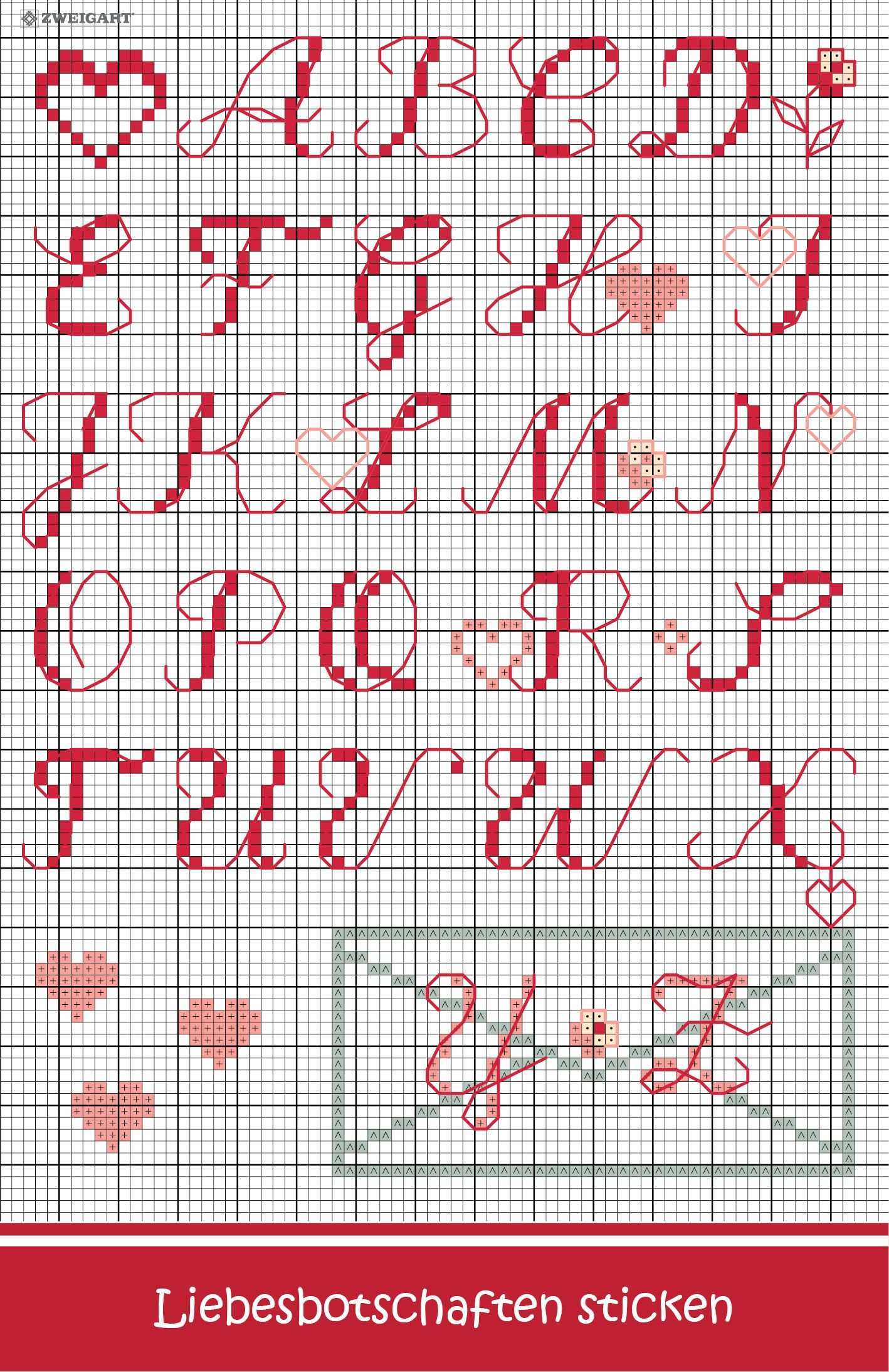 Romantisches Alphabet Mit Herzen Sticken Zweigart Sawitzki Gmbh Co Kg Alphabet Sticken Buchstaben Sticken Sticken Kreuzstich