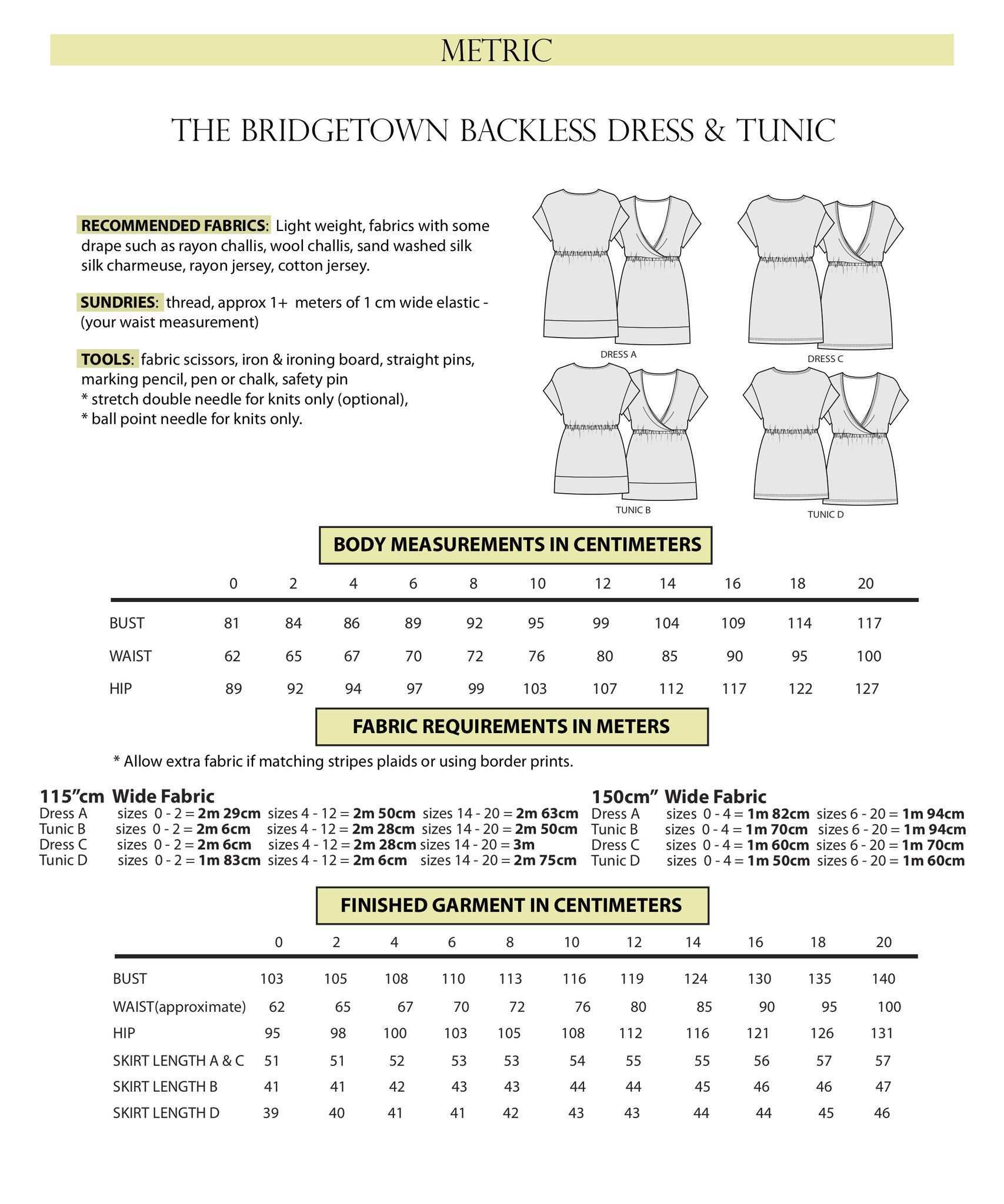 103 Bridgetown Backless Pattern Metric Information Backless Dress Tunic Dress Tunic Sewing Patterns