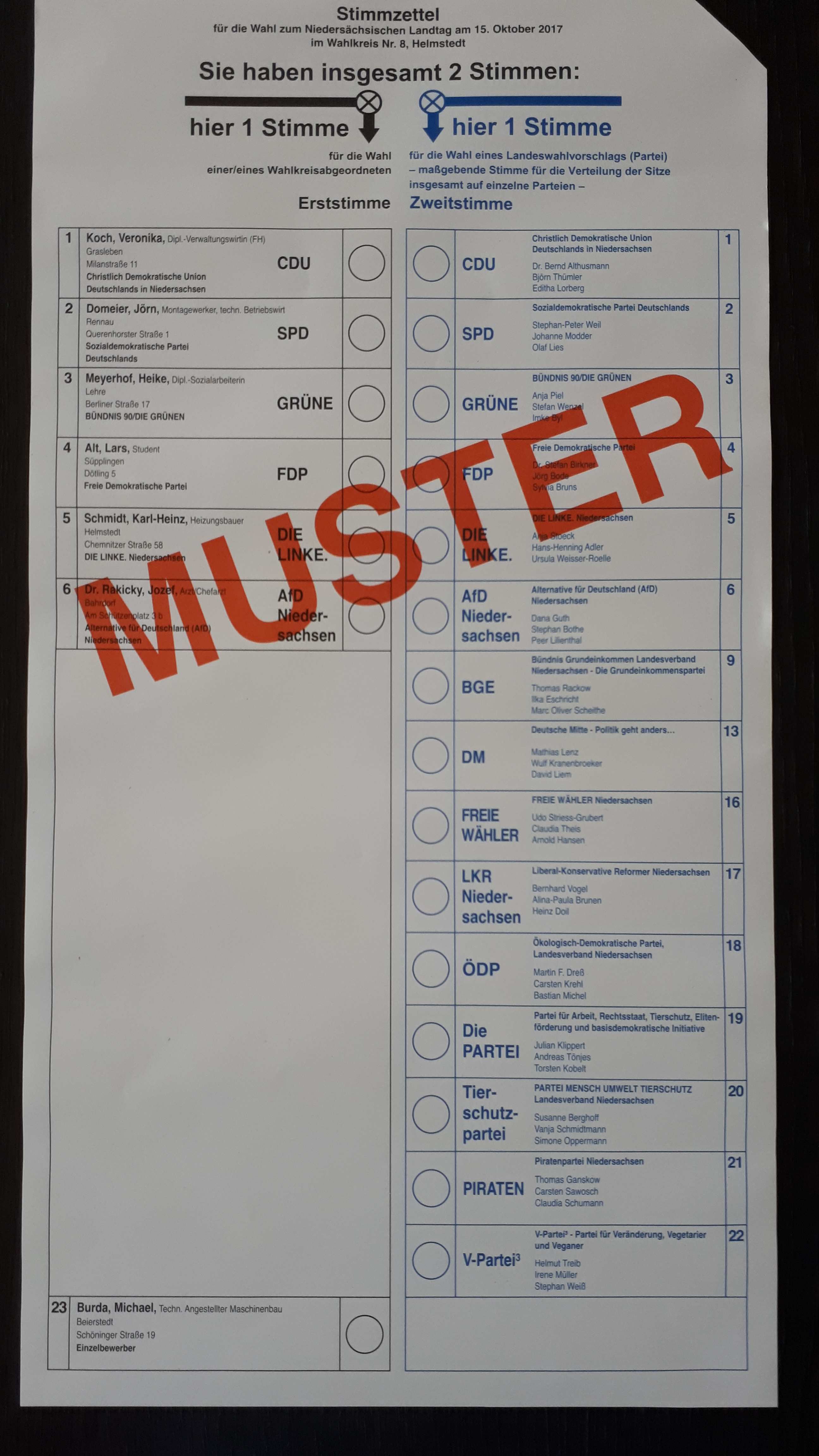 Musterstimmzettel Zur Landtagswahl 2017 In Niedersachsen Wahlumfrage De