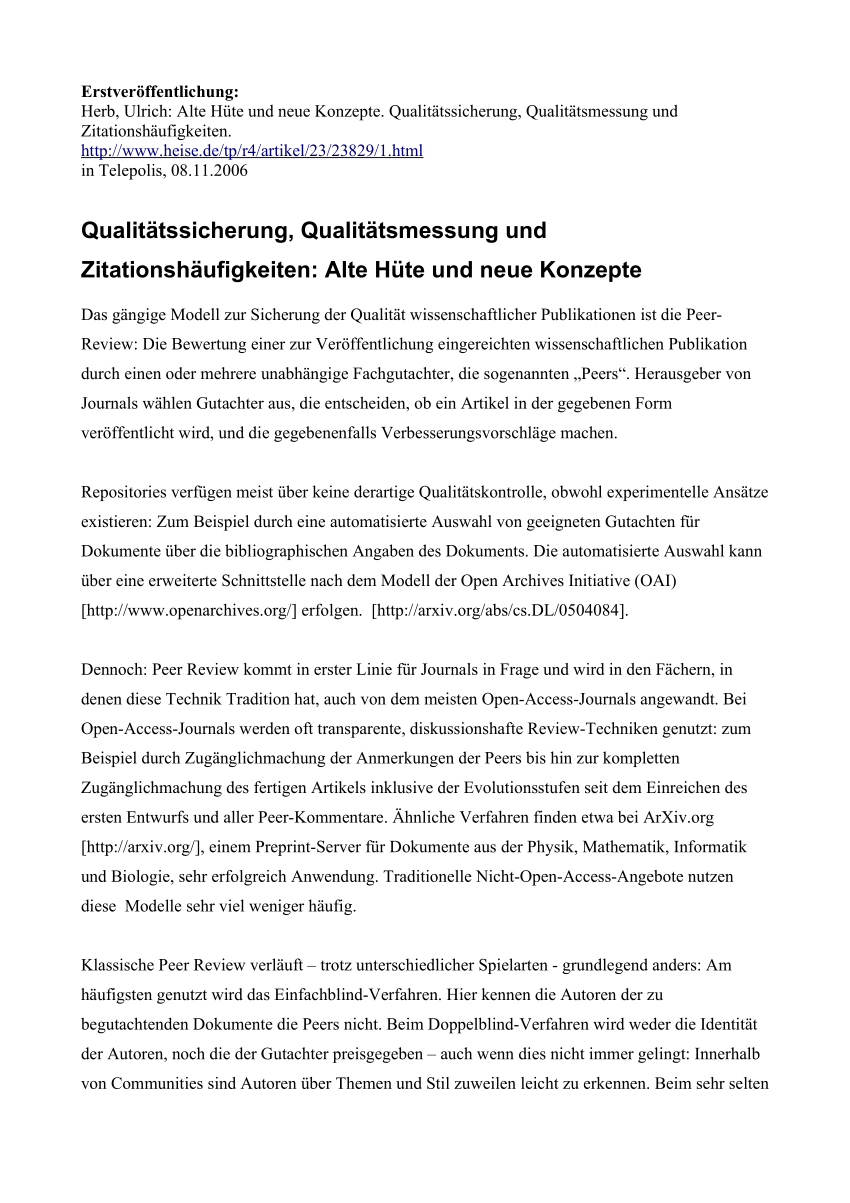 Pdf Alte Hute Und Neue Konzepte Qualitatssicherung Qualitatsmessung Und Zitationshaufigkeiten