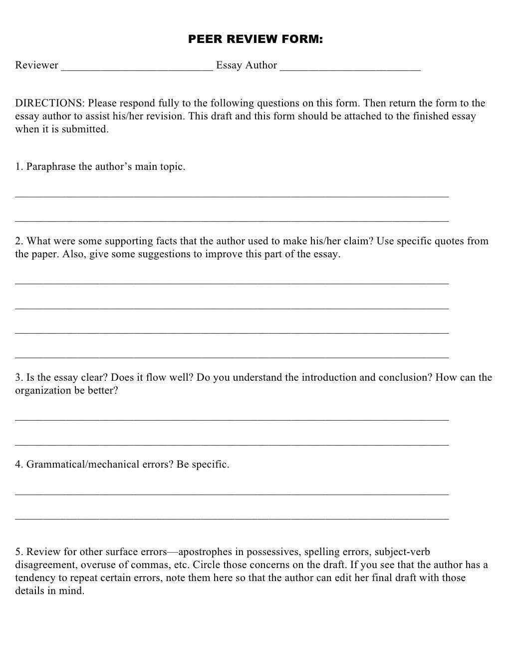 Peer Review Form Reviewer Essay Author Directions Please Respon Peer Review Essay Review Essay