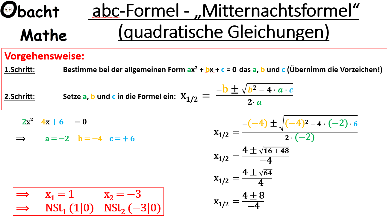 Abc Formel Mitternachtsformel Losen Von Quadratischen Gleichungen Nullstellen Finden Vergleich Zur Pq Formel Einfach Erk Abc Formel Mathe Gleichungen