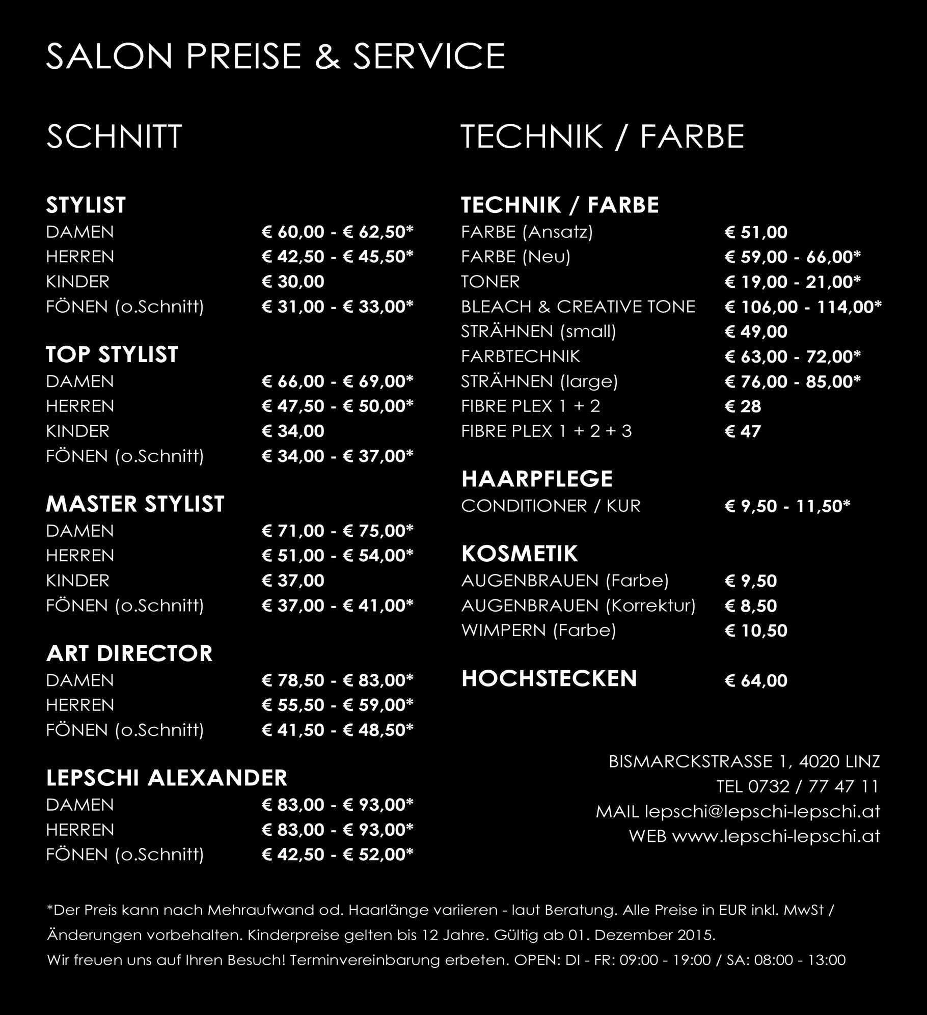 Preise Lepschi Amp Lepschi Hairdressing Ihr Friseur In Linz Preisliste Friseur Coiffeursalon Friseureinrichtung