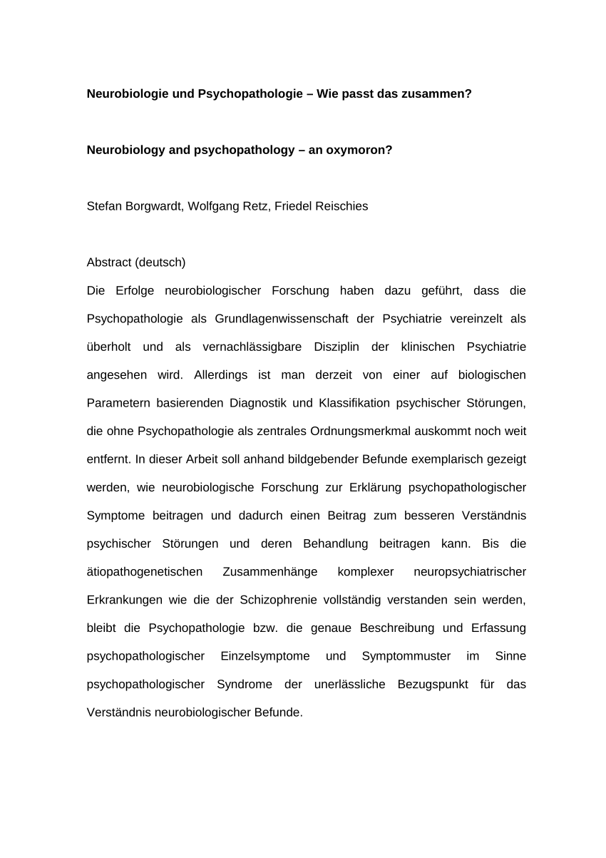 Pdf Neurobiologie Und Psychopathologie Wie Passt Das Zusammen