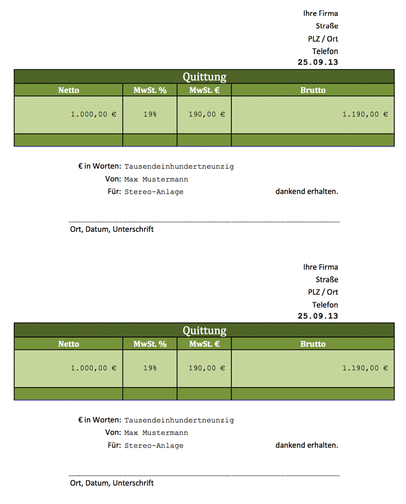 Quittung Englisch Vorlage